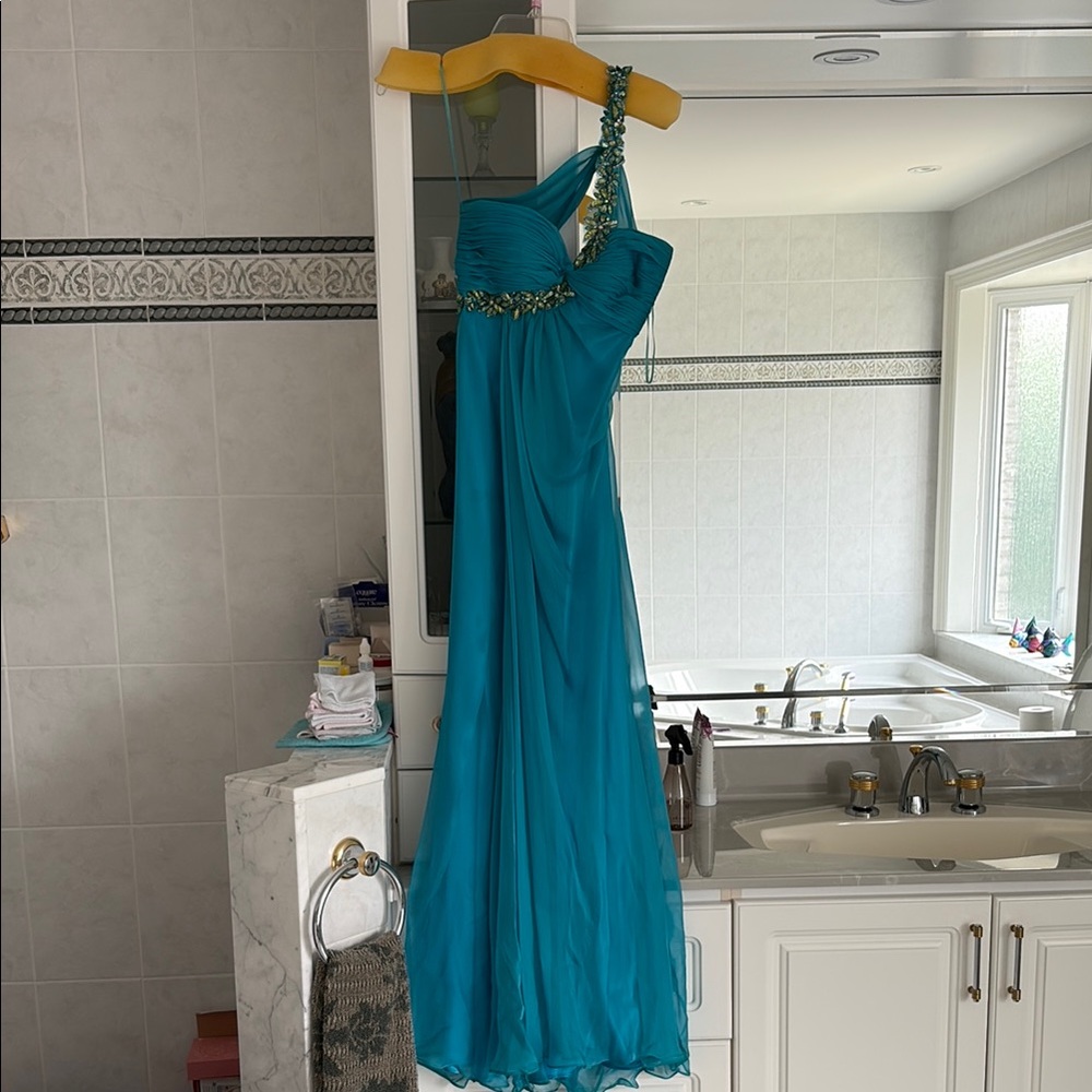 La Femme Teal Gown with Embellished Strap